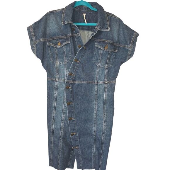 Free People The City Button-Front Denim Dress, Asymmetrical NWT | L |Preppy Boho - Picture 2 of 10